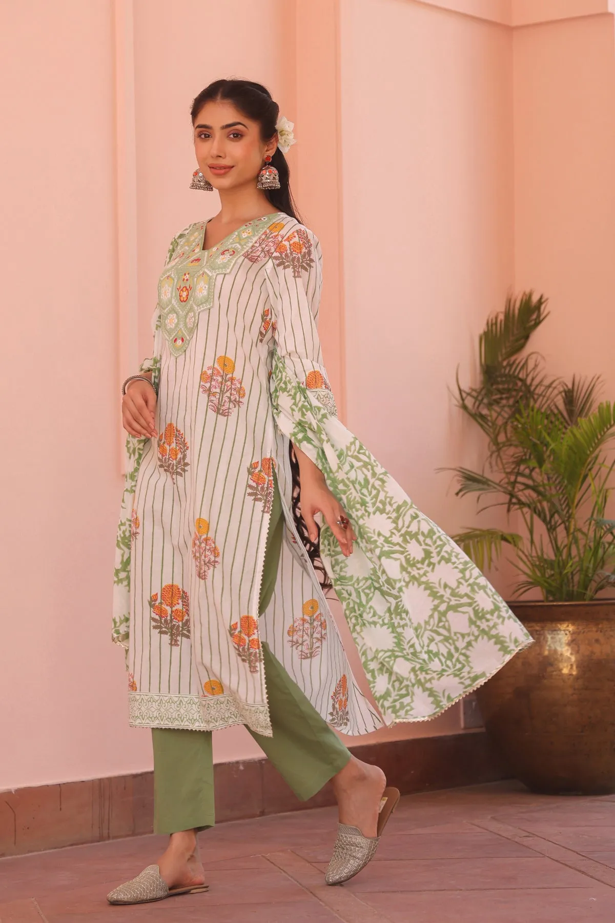 Green Cotton Block-Printed Embroidered Straight Suit Set