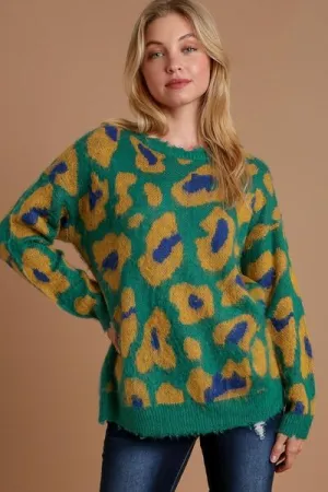 Green Leopard Print Destroyed Rib Band Sweater
