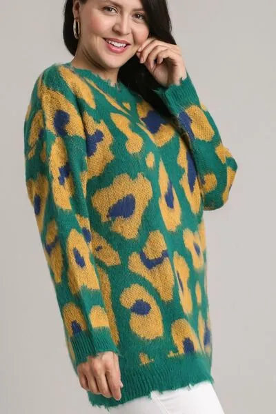 Green Leopard Print Destroyed Rib Band Sweater