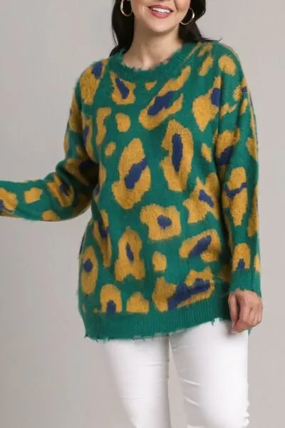Green Leopard Print Destroyed Rib Band Sweater