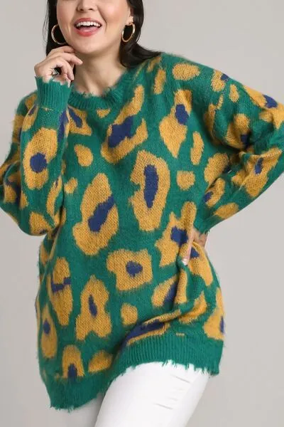Green Leopard Print Destroyed Rib Band Sweater