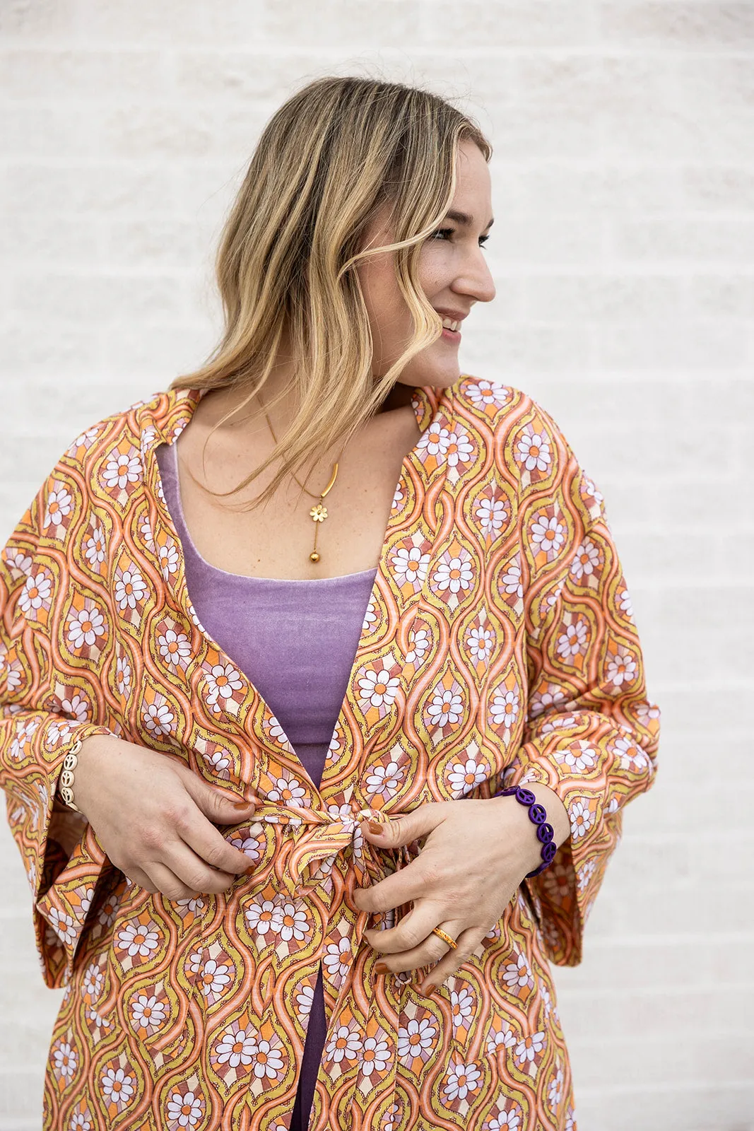 greta cardi duster in stay groovy daisy