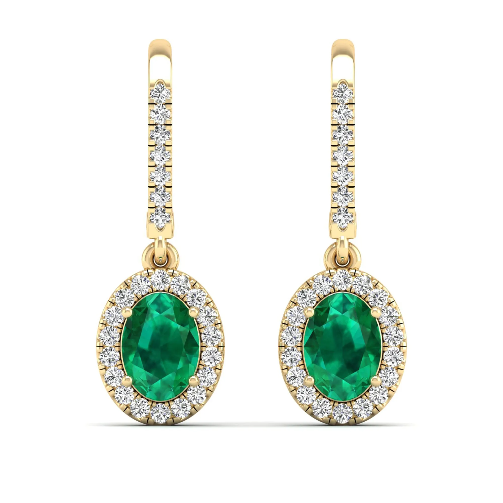 Halo Oval Emerald and Diamond Dangle Earrings