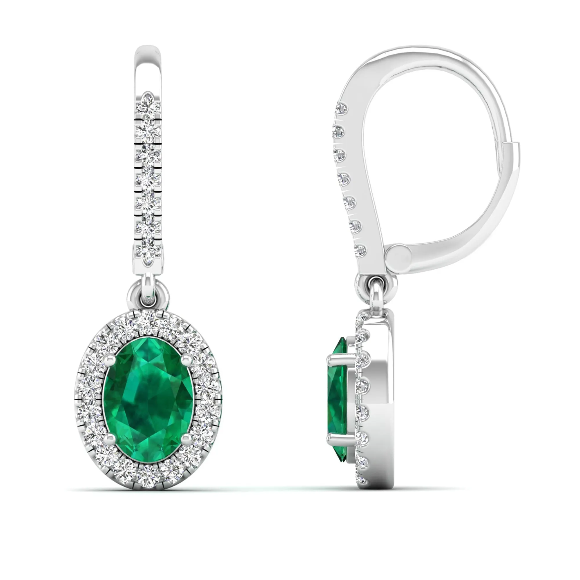 Halo Oval Emerald and Diamond Dangle Earrings