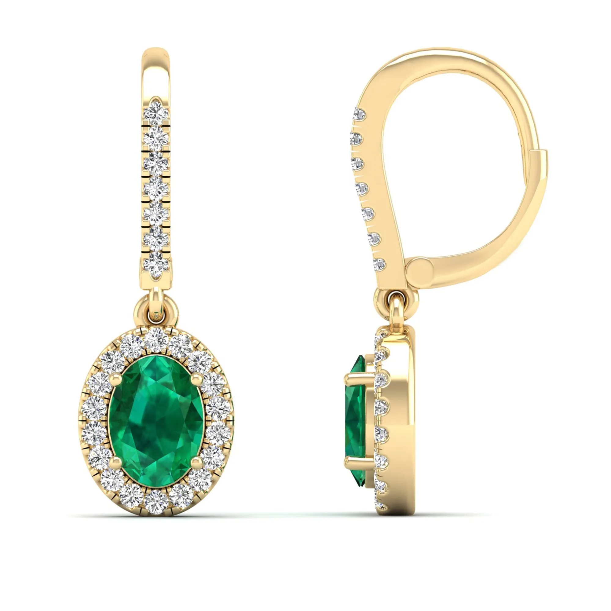Halo Oval Emerald and Diamond Dangle Earrings