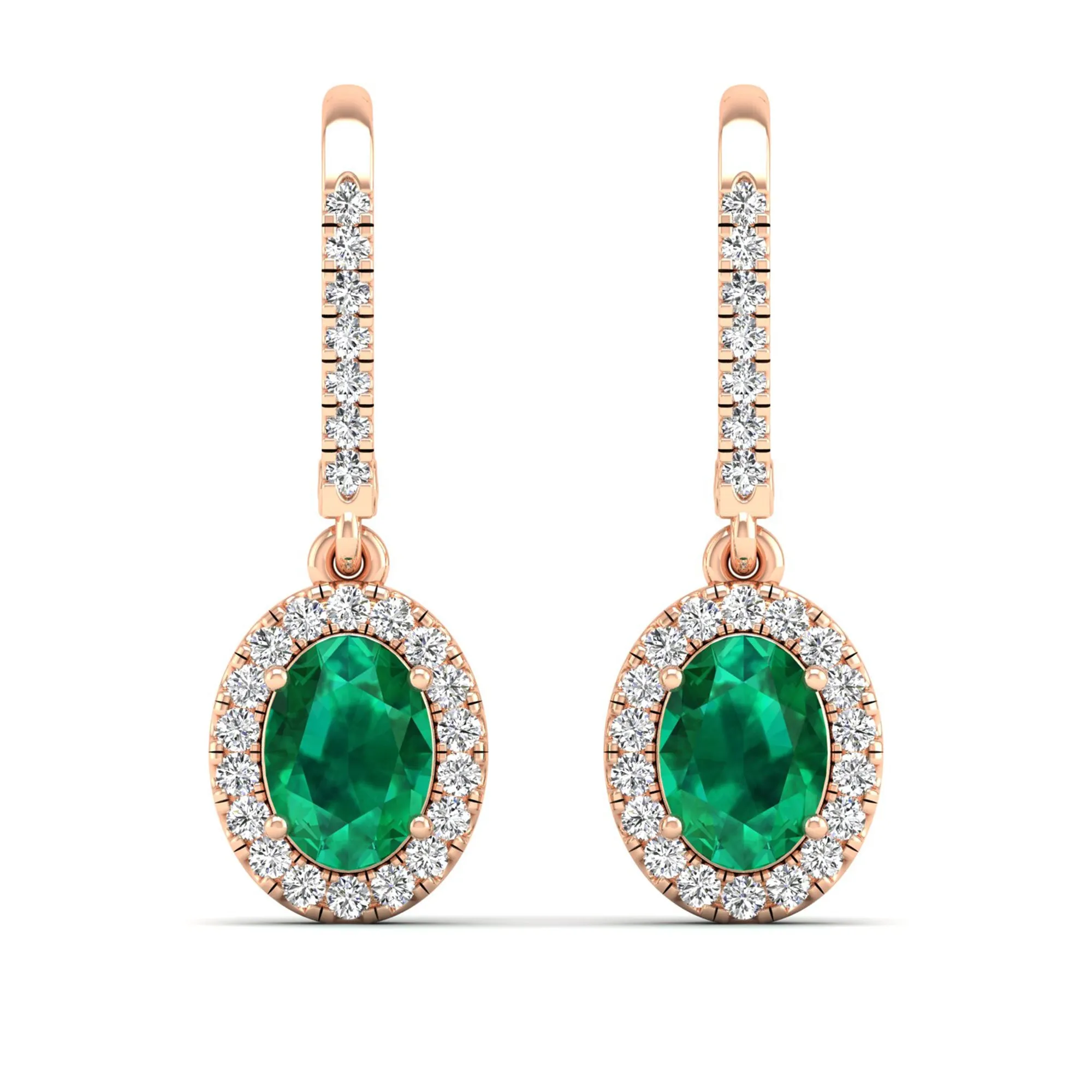 Halo Oval Emerald and Diamond Dangle Earrings