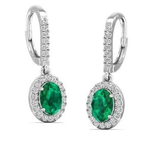 Halo Oval Emerald and Diamond Dangle Earrings