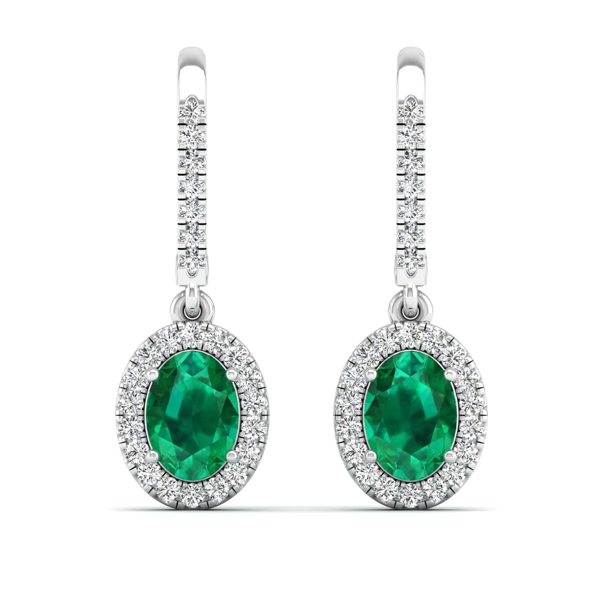 Halo Oval Emerald and Diamond Dangle Earrings