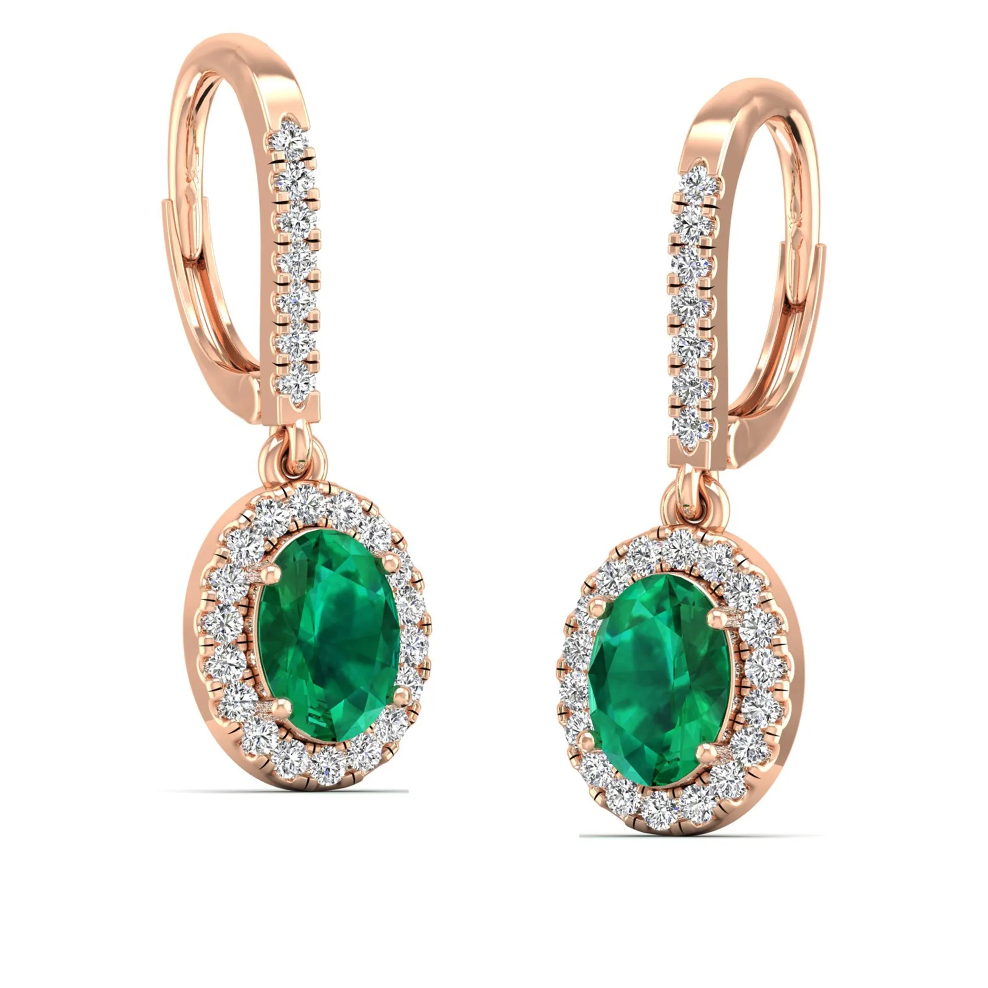 Halo Oval Emerald and Diamond Dangle Earrings