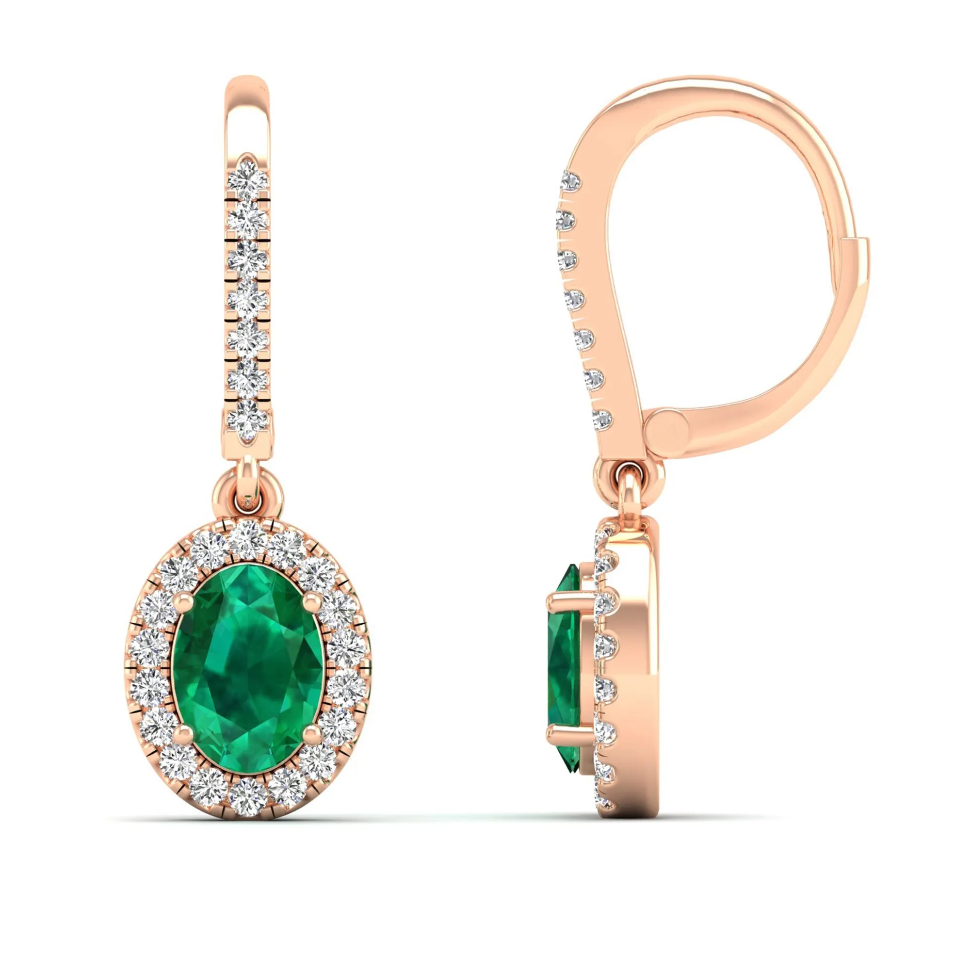 Halo Oval Emerald and Diamond Dangle Earrings