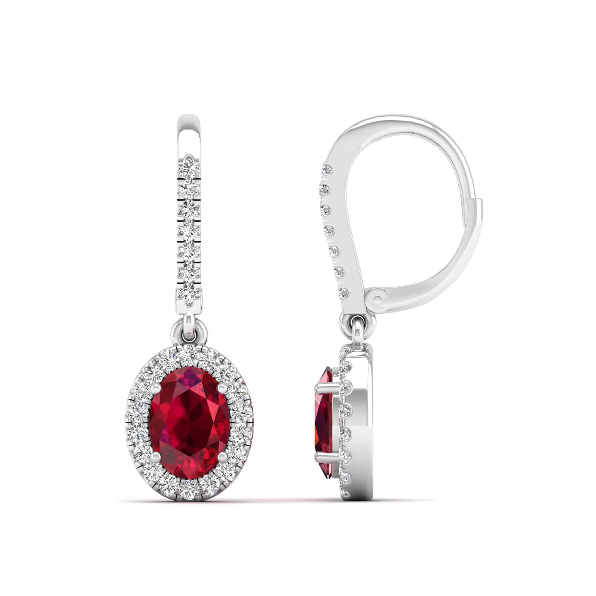 Halo Oval Ruby and Diamond Dangle Earrings