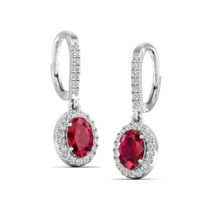 Halo Oval Ruby and Diamond Dangle Earrings