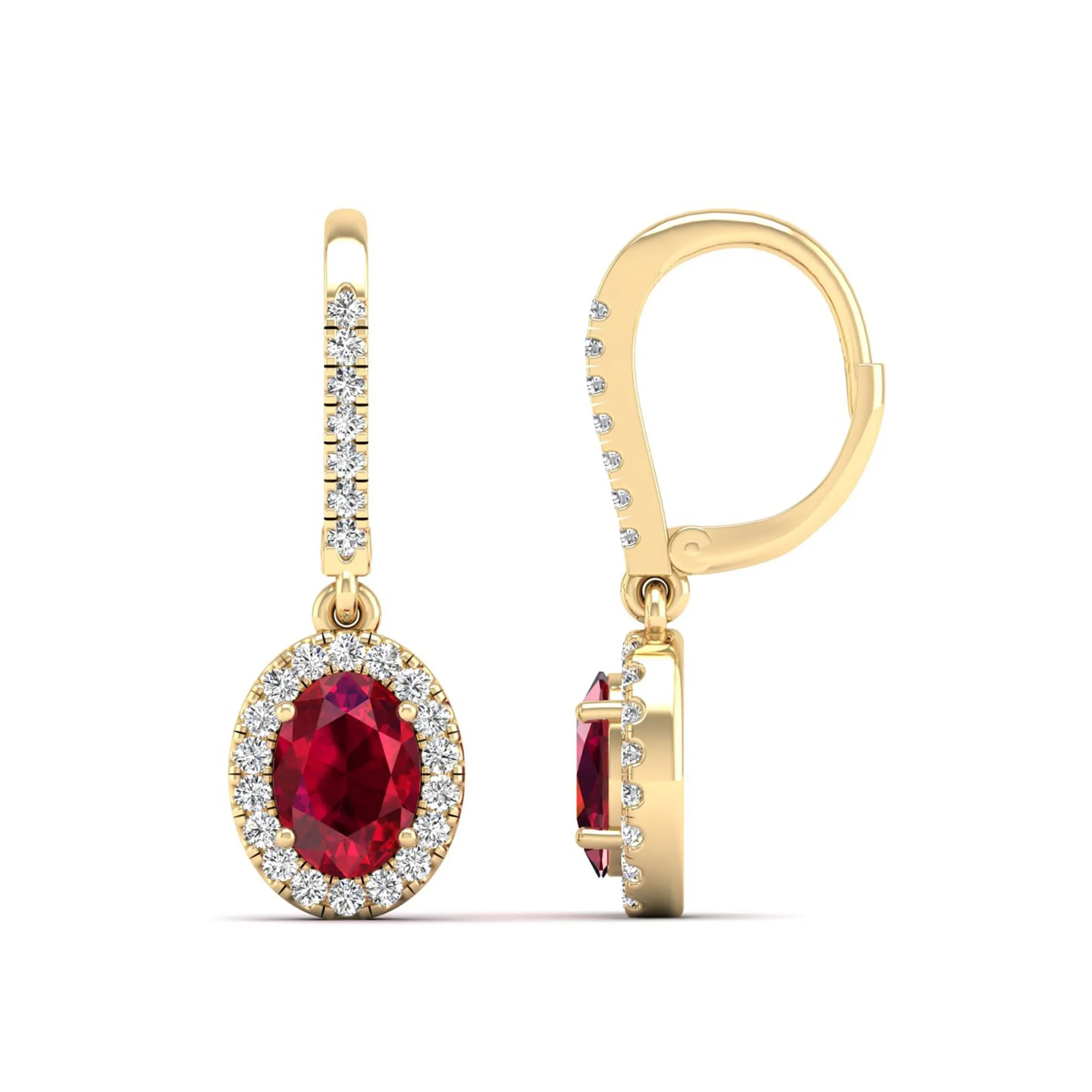 Halo Oval Ruby and Diamond Dangle Earrings