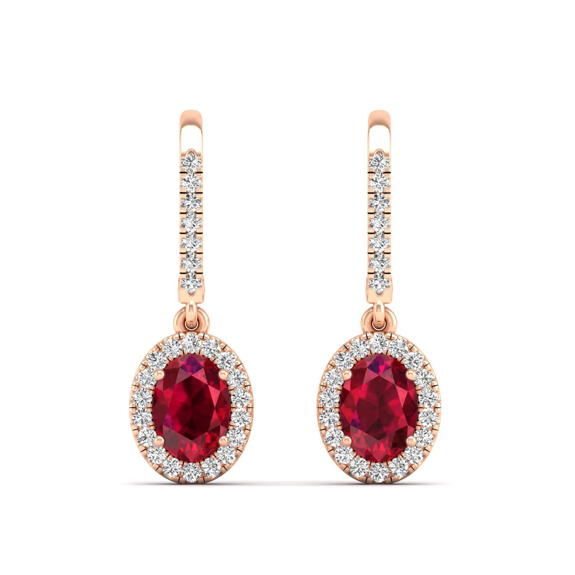 Halo Oval Ruby and Diamond Dangle Earrings
