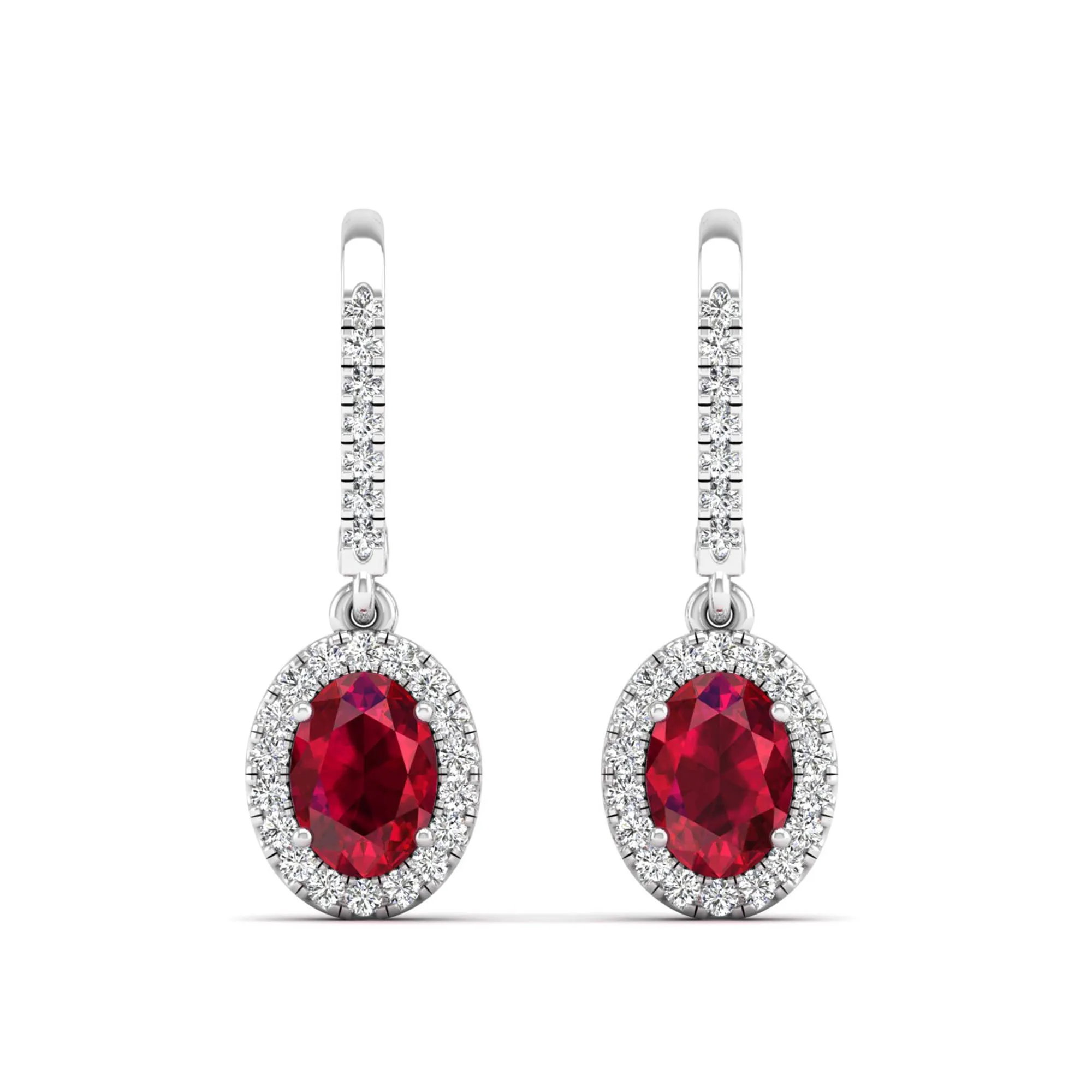 Halo Oval Ruby and Diamond Dangle Earrings