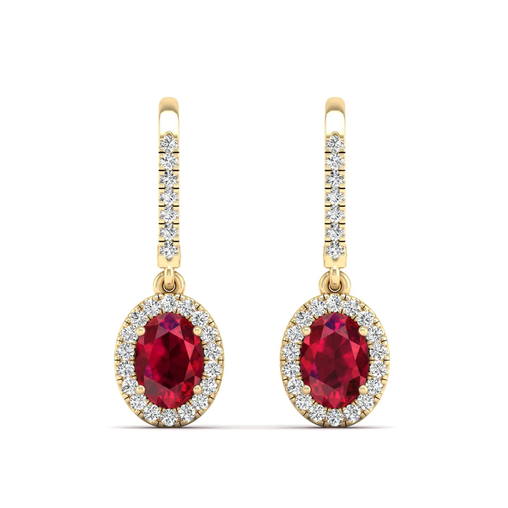 Halo Oval Ruby and Diamond Dangle Earrings