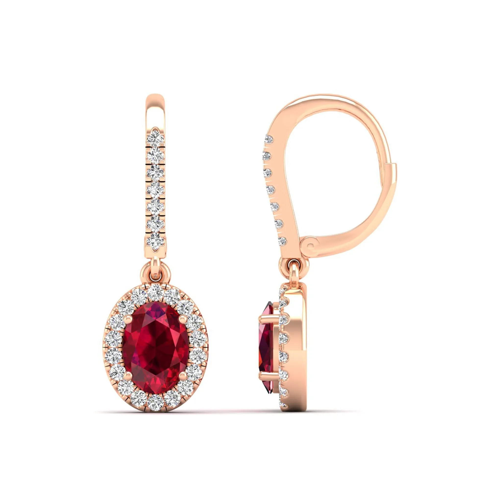 Halo Oval Ruby and Diamond Dangle Earrings