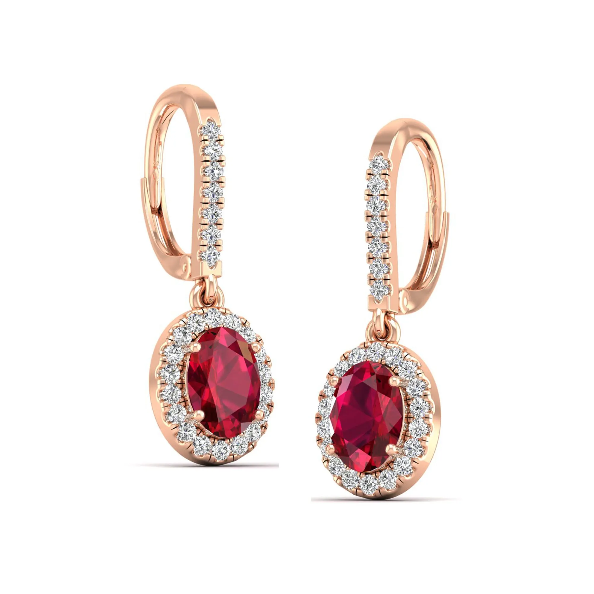 Halo Oval Ruby and Diamond Dangle Earrings