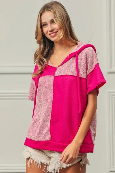 Hazel Blues® |  BiBi Color Block Exposed Seam Short Sleeve Hooded Top
