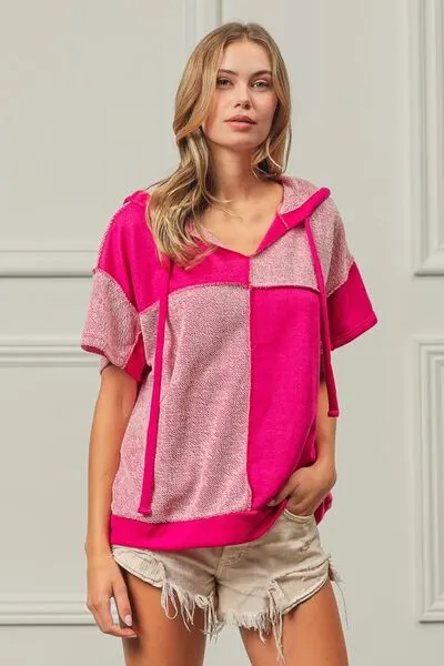 Hazel Blues® |  BiBi Color Block Exposed Seam Short Sleeve Hooded Top