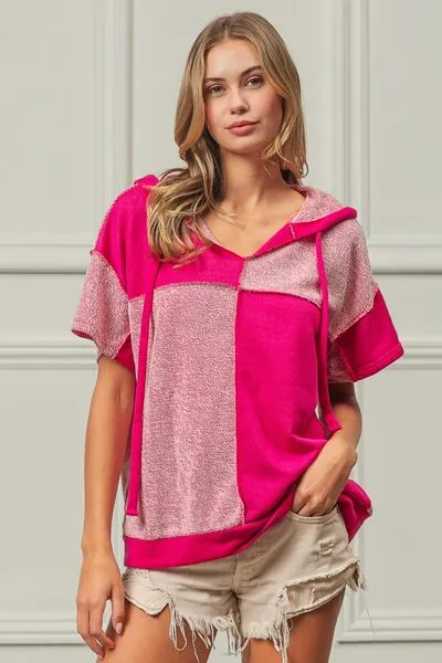 Hazel Blues® |  BiBi Color Block Exposed Seam Short Sleeve Hooded Top