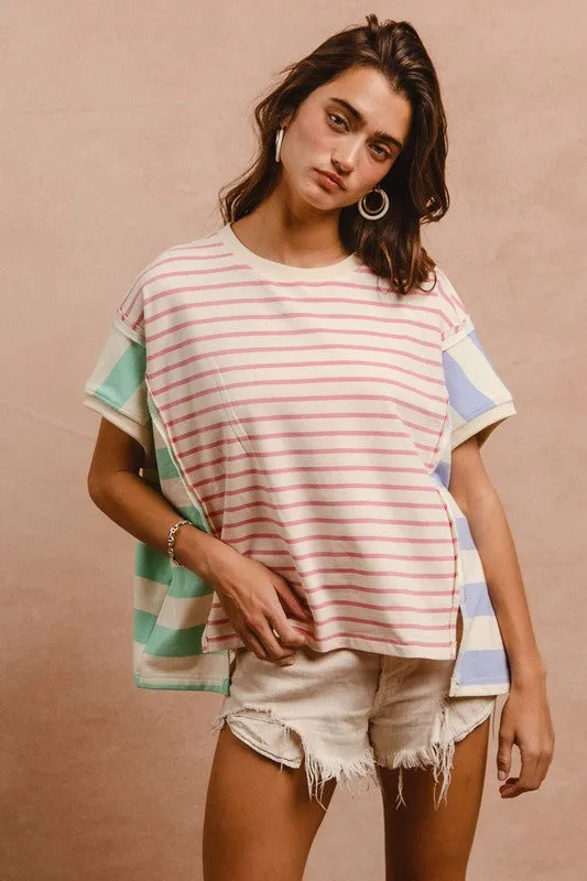 Hazel Blues® |  BiBi Slit Exposed Seam Striped Round Neck Short Sleeve T-Shirt