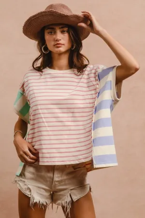 Hazel Blues® |  BiBi Slit Exposed Seam Striped Round Neck Short Sleeve T-Shirt