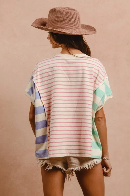 Hazel Blues® |  BiBi Slit Exposed Seam Striped Round Neck Short Sleeve T-Shirt