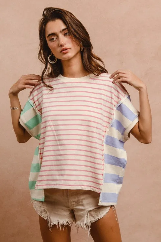 Hazel Blues® |  BiBi Slit Exposed Seam Striped Round Neck Short Sleeve T-Shirt