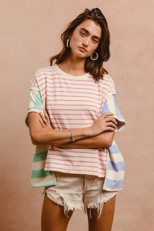 Hazel Blues® |  BiBi Slit Exposed Seam Striped Round Neck Short Sleeve T-Shirt