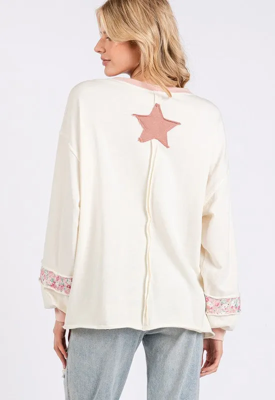 Hazel Blues® |  SAGE   FIG Peace & Star Patch Contrast Round Neck Sweatshirt