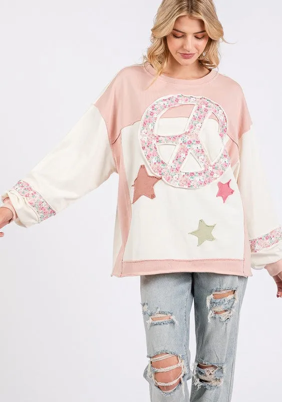 Hazel Blues® |  SAGE   FIG Peace & Star Patch Contrast Round Neck Sweatshirt