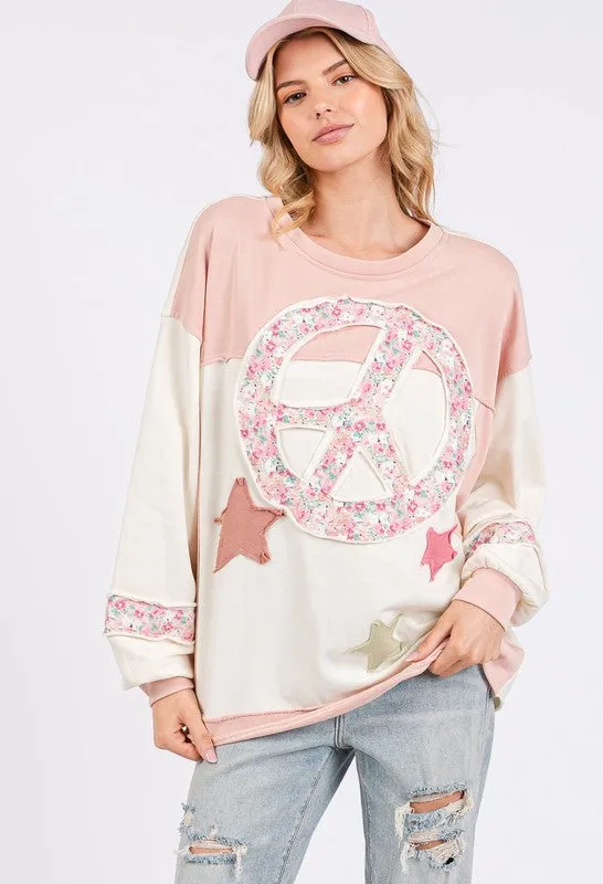 Hazel Blues® |  SAGE   FIG Peace & Star Patch Contrast Round Neck Sweatshirt