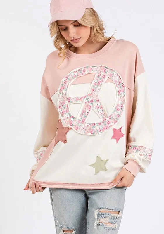 Hazel Blues® |  SAGE   FIG Peace & Star Patch Contrast Round Neck Sweatshirt