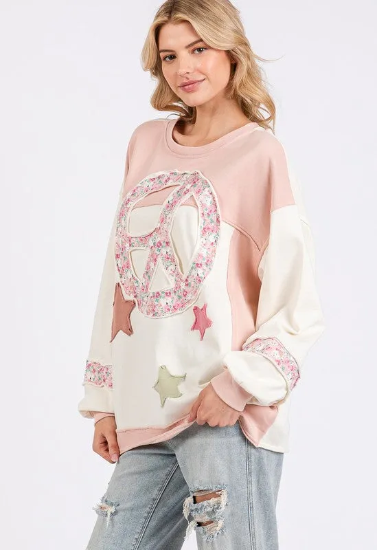 Hazel Blues® |  SAGE   FIG Peace & Star Patch Contrast Round Neck Sweatshirt