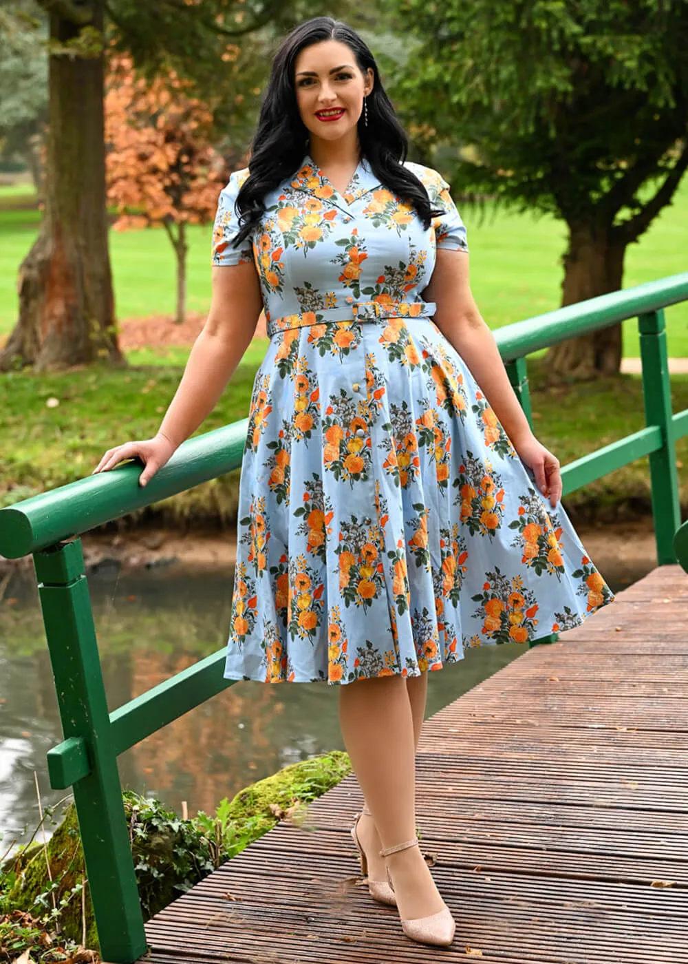 Hearts & Roses Hallie Floral 50's Swing Dress Blue