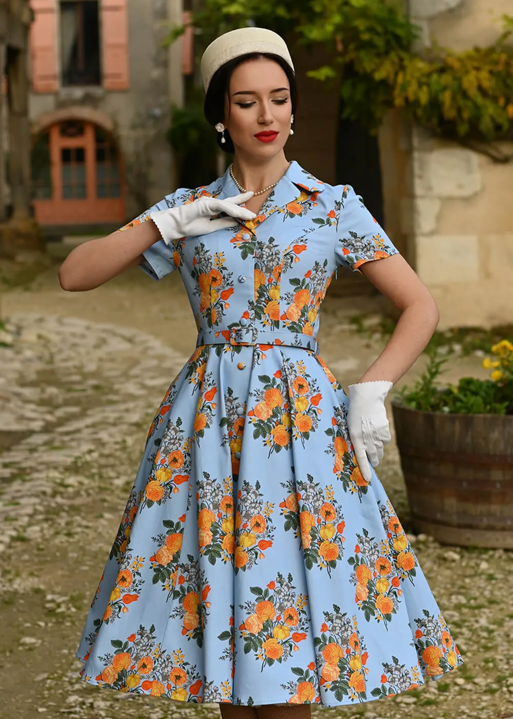 Hearts & Roses Hallie Floral 50's Swing Dress Blue