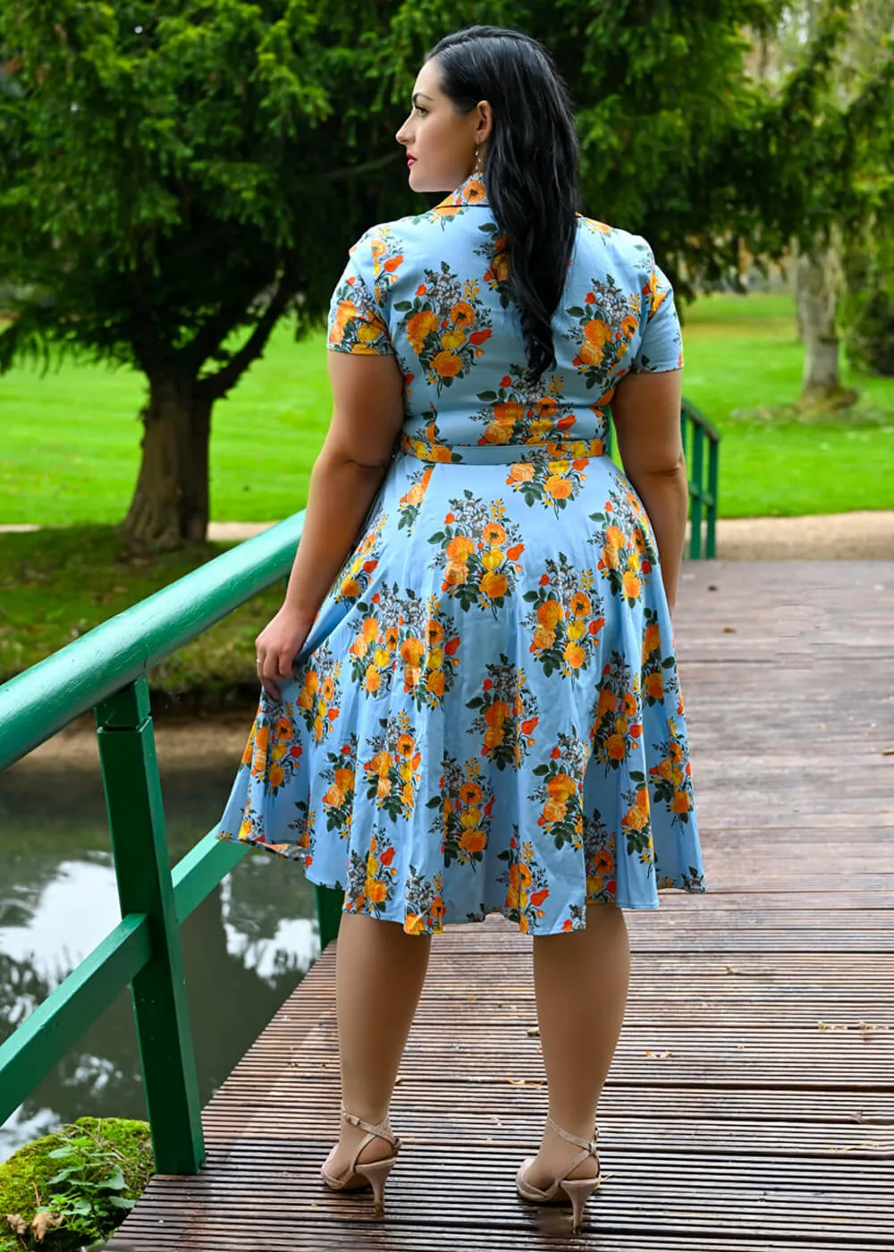 Hearts & Roses Hallie Floral 50's Swing Dress Blue