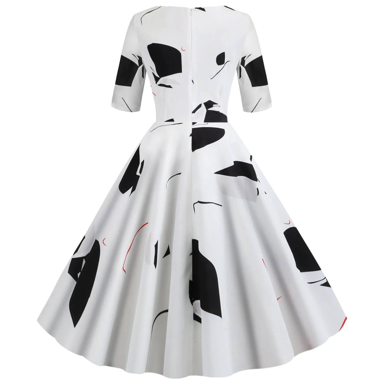 Hepburn Style Vintage Skirt V-neck Half Sleeves Printed Large Swing Dress