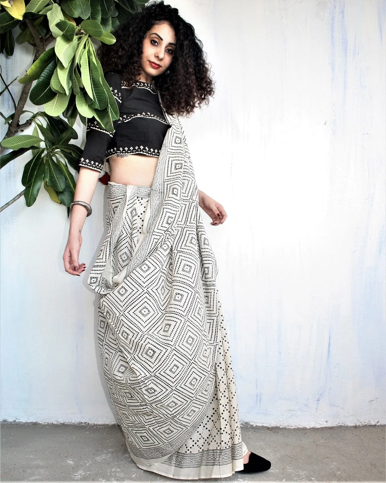 Ivory Black Block Printed Cotton Mul Saree