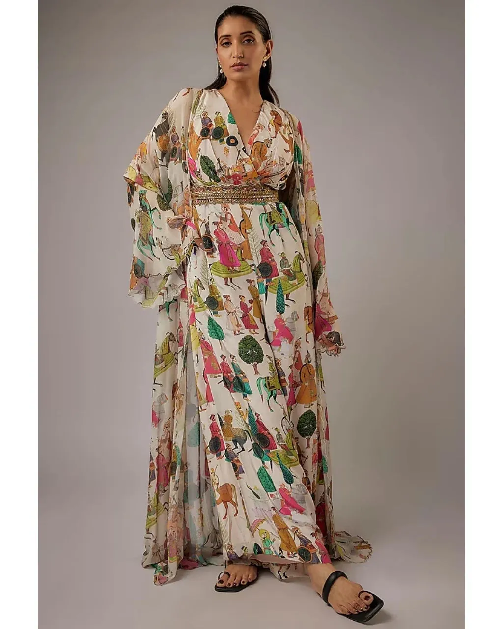 Ivory Printed Jumpsuit With Cape Set