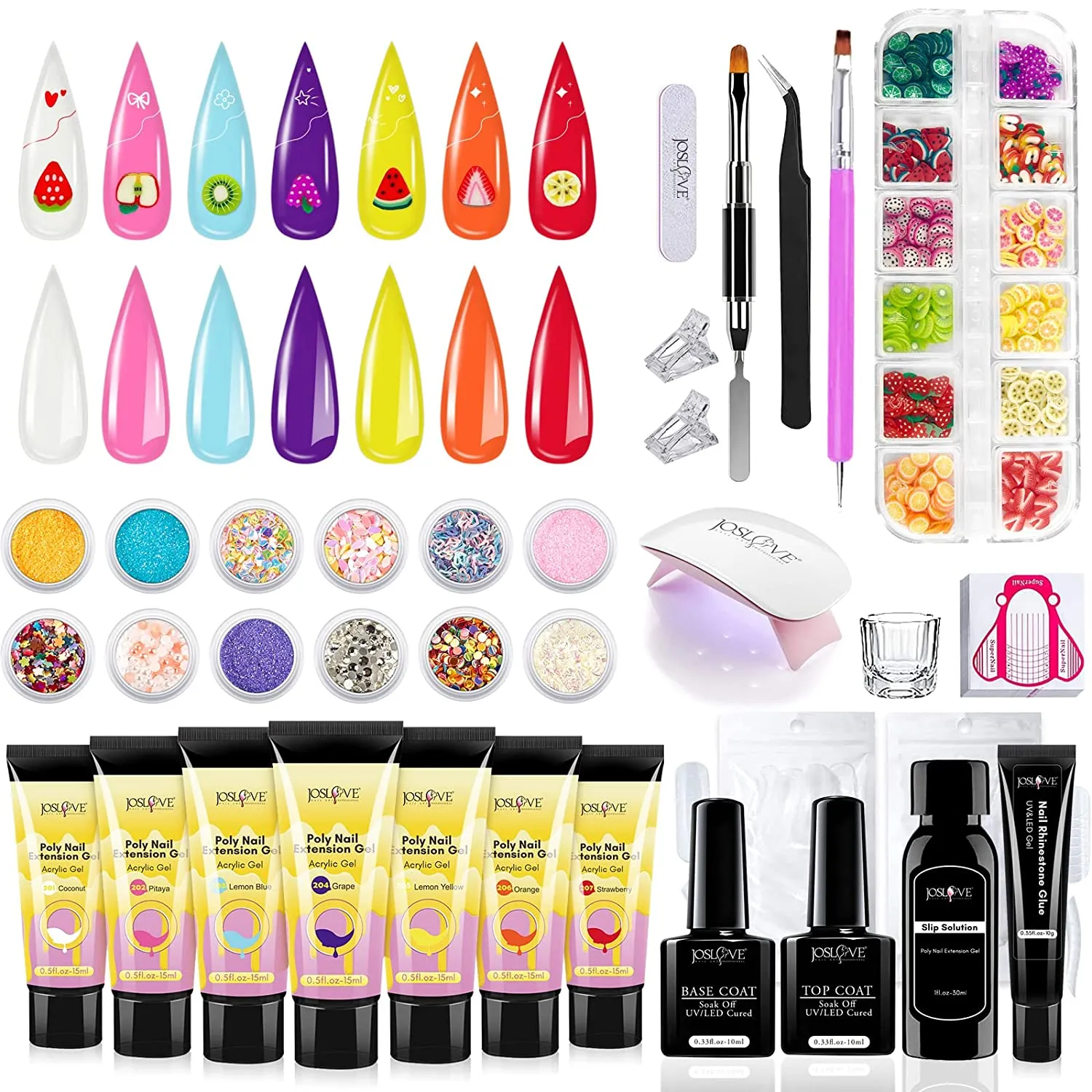 JOSLOVE Poly Nail Gel Kit with UV Light Starter Kits Acrylic Nail Poly Gel Extension Nail Art Soft Clay Polymer Slices All in One Kit (Poly Nail Gel Kit P011)