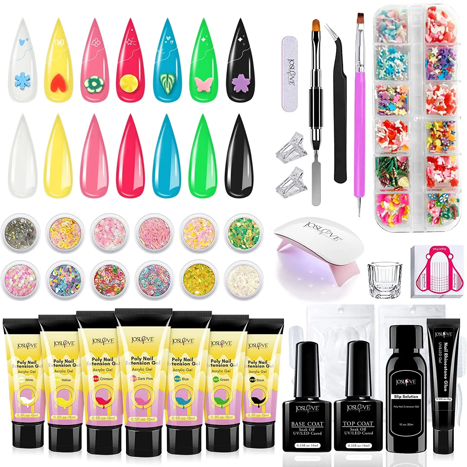 JOSLOVE Poly Nail Gel Kit with UV Light Starter Kits Acrylic Nail Poly Gel Extension Nail Art Soft Clay Polymer Slices All in One Kit (Poly Nail Gel Kit P011)