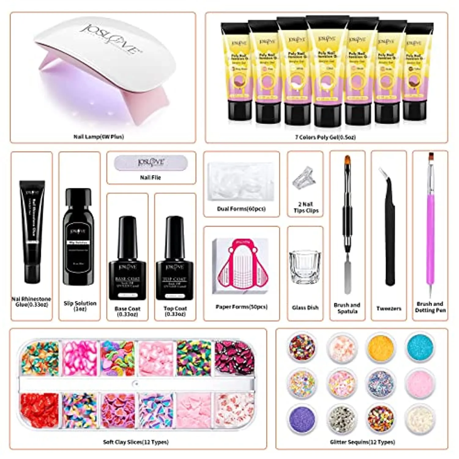 JOSLOVE Poly Nail Gel Kit with UV Light Starter Kits Acrylic Nail Poly Gel Extension Nail Art Soft Clay Polymer Slices All in One Kit (Poly Nail Gel Kit P011)