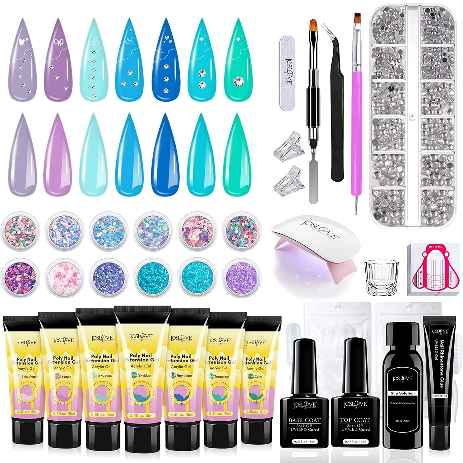 JOSLOVE Poly Nail Gel Kit with UV Light Starter Kits Acrylic Nail Poly Gel Extension Nail Art Soft Clay Polymer Slices All in One Kit (Poly Nail Gel Kit P011)