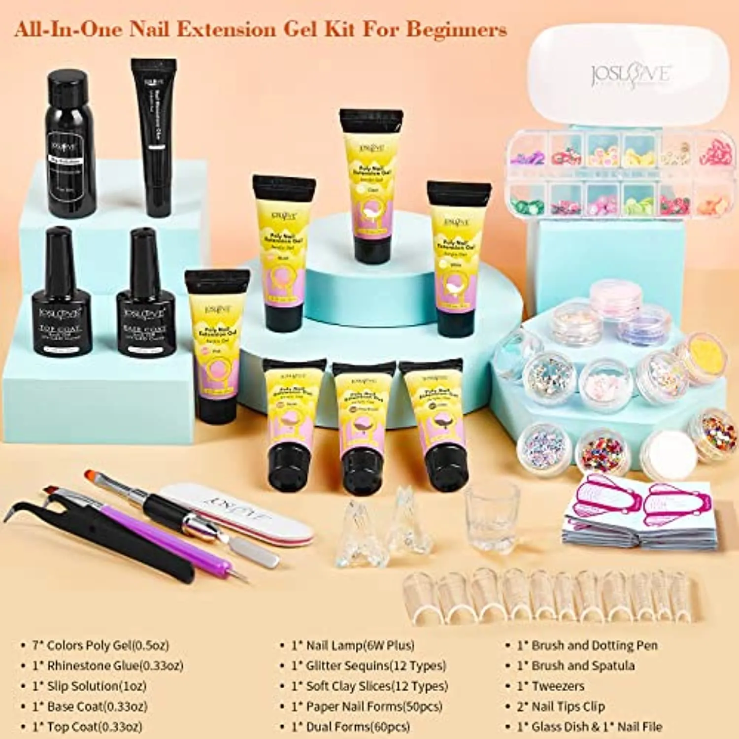 JOSLOVE Poly Nail Gel Kit with UV Light Starter Kits Acrylic Nail Poly Gel Extension Nail Art Soft Clay Polymer Slices All in One Kit (Poly Nail Gel Kit P011)