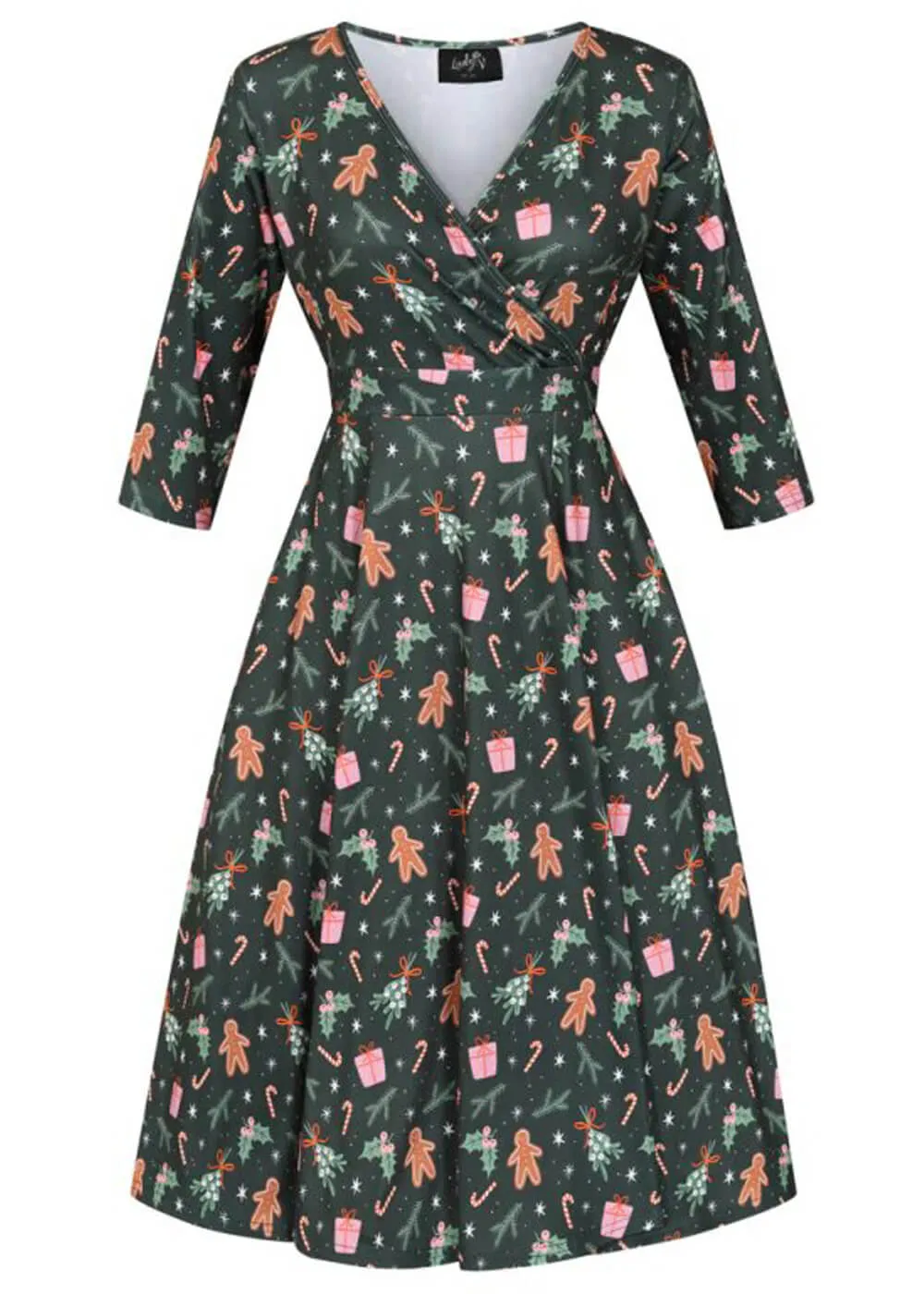 Lady V Lyra Gingerbread Christmas 50's Swing Dress Green