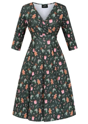 Lady V Lyra Gingerbread Christmas 50's Swing Dress Green