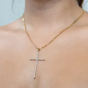 Large Iced Crucifix Pendant Necklace Figaro Link and Zirconia Stones