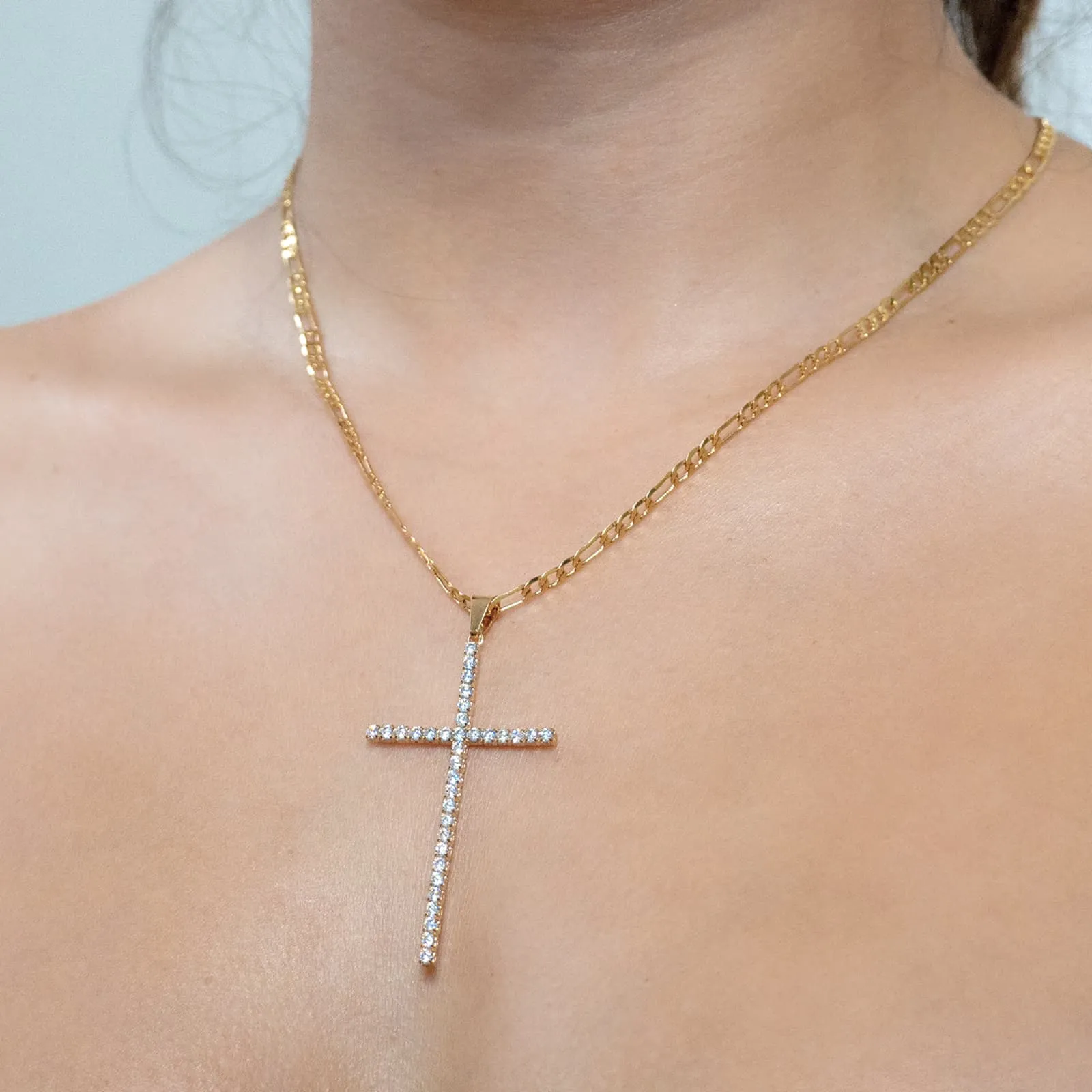 Large Iced Crucifix Pendant Necklace Figaro Link and Zirconia Stones